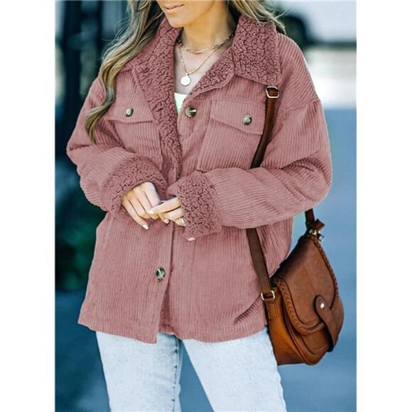 Women's Corduroy Sherpa Jacket Button Down Fleece Fur Collar Winter Coat - Picture 3 of 6